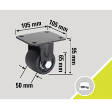 Lenkrolle mit den Maßen 105 mm x 105 mm x 95 mm und einer Traglast von 500 kg