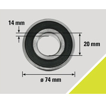 Abbildung eines Kugellagers mit den Maßen 14 Millimeter, 20 Millimeter und einem Durchmesser von 74 Millimeter.