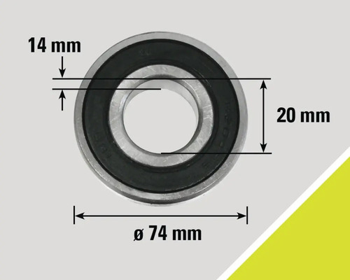 Abbildung eines Kugellagers mit den Maßen 14 Millimeter, 20 Millimeter und einem Durchmesser von 74 Millimeter.