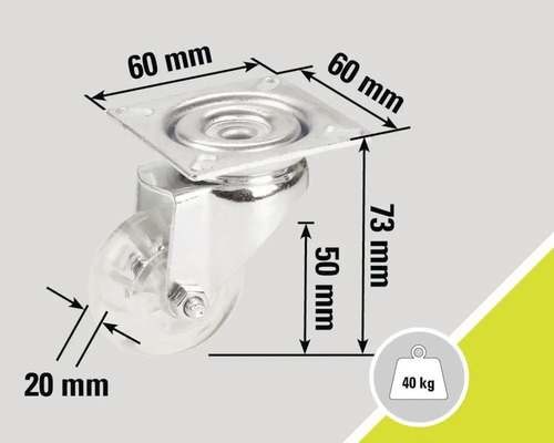 Möbelrolle mit einer Traglast von 40 Kilogramm und den Maßen 60 mal 60 mal 73 Millimeter
