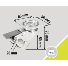 Lenkrolle mit Bremse, Maße 60 x 60 x 73 mm, Radgröße 50 mm, Traglast 40 kg