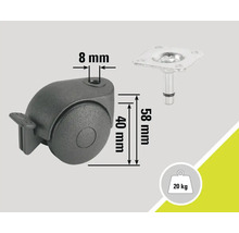 Möbelrolle mit Bremse, Stiftdurchmesser 8 Millimeter, Raddurchmesser 40 Millimeter, Stiftlänge 58 Millimeter, Tragkraft 20 Kilogramm