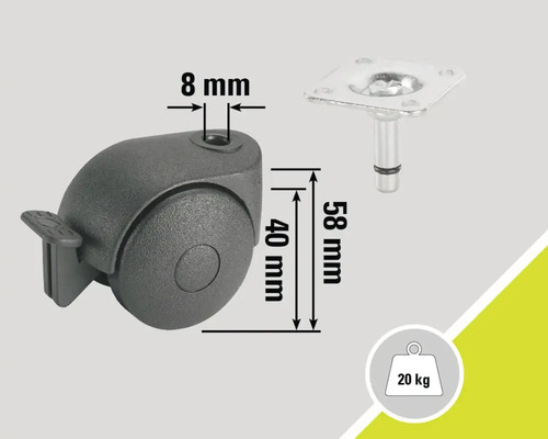 Möbelrolle mit Bremse, Stiftdurchmesser 8 Millimeter, Raddurchmesser 40 Millimeter, Stiftlänge 58 Millimeter, Tragkraft 20 Kilogramm