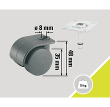 Möbelrolle mit Platte, Traglast 70 Kilogramm, Durchmesser 8 Millimeter, Höhe 48 Millimeter