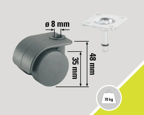 Möbelrolle mit Platte, Traglast 70 Kilogramm, Durchmesser 8 Millimeter, Höhe 48 Millimeter