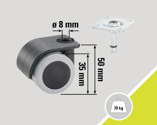 Möbelrolle mit Stift, 50 mm Höhe und 70 Kilogramm Traglast