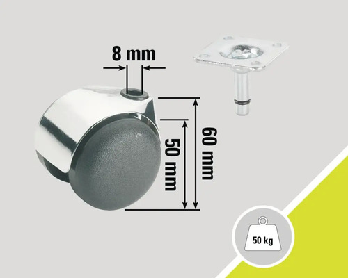 Möbelrolle mit einer Traglast von 50 Kilogramm, einer Höhe von 60 Millimetern und einem Stiftdurchmesser von 8 Millimetern