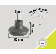 Möbelfuß mit den Maßangaben 50 Millimeter, 8 Millimeter und 38 Millimeter, Belastbarkeit 20 Kilogramm