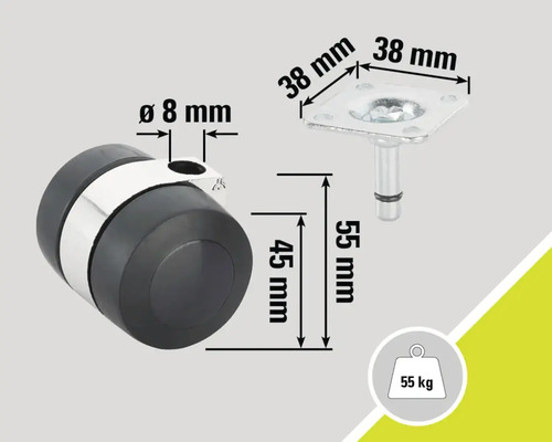 Abmessungen einer Möbelrolle mit Befestigungsplatte