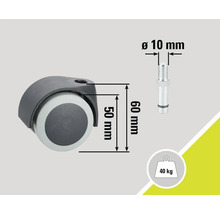 Stuhlrolle mit den Maßen 50 Millimeter mal 60 Millimeter, Bolzen mit Durchmesser 10 Millimeter und Belastbarkeit bis 40 Kilogramm