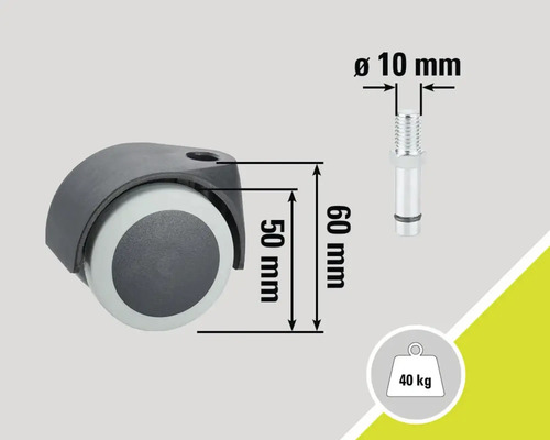 Stuhlrolle mit den Maßen 50 Millimeter mal 60 Millimeter, Bolzen mit Durchmesser 10 Millimeter und Belastbarkeit bis 40 Kilogramm