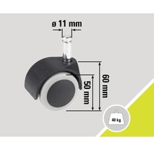 Stuhlrolle mit einem Durchmesser von 11 mm, einer Rollengröße von 50 mm, einer Bauhöhe von 60 mm und einer maximalen Belastbarkeit von 40 kg
