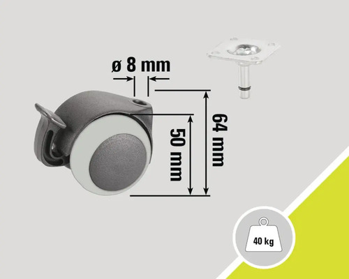 Möbelrolle mit Feststellbremse und Angaben zu Maßen und Belastbarkeit