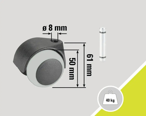 Stuhlrolle mit einem Durchmesser von 50 Millimetern, einer Stiftlänge von 61 Millimetern und einer maximalen Belastbarkeit von 40 Kilogramm.