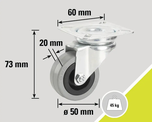 "Lenkrolle mit den Maßen 73 mm Höhe, 50 mm Raddurchmesser, 20 mm Radbreite und 60 mm Plattenmaß