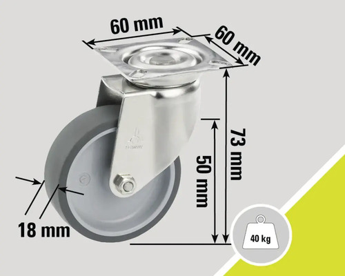 Lenkrolle mit den Maßen 60 mm, 18 mm und 73 mm und einer Traglast von 40 kg