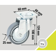 Lenkrolle mit einer Traglast von 55 Kilogramm und den Maßen 60 x 60 Millimeter, 124 Millimeter und 25 Millimeter