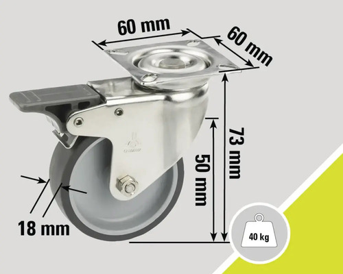 Lenkrolle mit Feststeller und Maßangaben: 60 mm Montageplatte, 18 mm Raddicke, 73 mm Bauhöhe, 40 kg Traglast