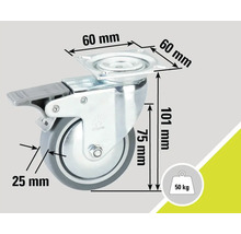 Möbelrolle mit Bremse, Maße 60 x 60 x 101 mm, Traglast 50 kg
