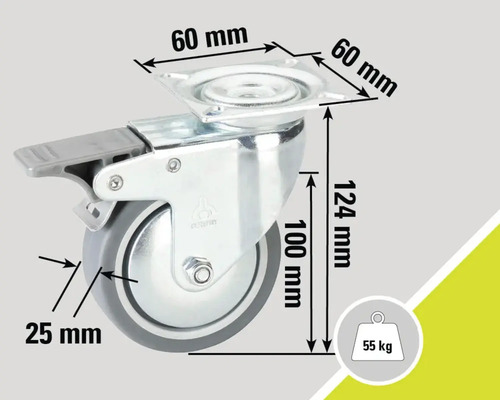 Lenkrolle mit Feststeller und Maßangaben: 60 mm x 60 mm Platte, 124 mm Höhe, 100 mm Raddurchmesser, 25 mm Radbreite, Traglast 55 kg