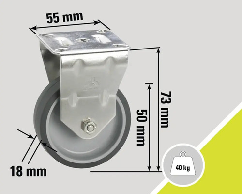 Lenkrolle mit den Maßen 55 mm, 73 mm und 18 mm sowie einer Traglast von 40 kg