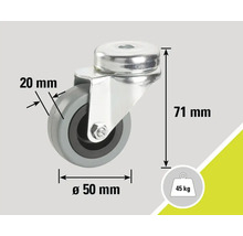 Lenkrolle mit den Maßen 50 mm Durchmesser, 20 mm Breite und 71 mm Höhe, Traglast 45 kg