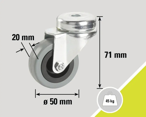 Lenkrolle mit den Maßen 50 mm Durchmesser, 20 mm Breite und 71 mm Höhe, Traglast 45 kg