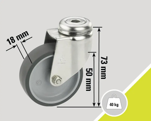 Lenkrolle mit den Maßen 73 mm Höhe, 50 mm Durchmesser und 18 mm Radbreite für eine maximale Belastung von 40 kg