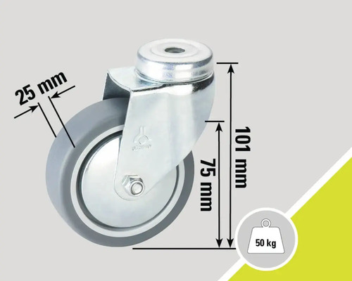 Lenkrolle mit einem Durchmesser von 75 Millimeter und einer Traglast von 50 Kilogramm.