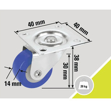 Lenkrolle mit einer Traglast von 20 Kilogramm und den Maßen 40 x 40 x 38 Millimeter