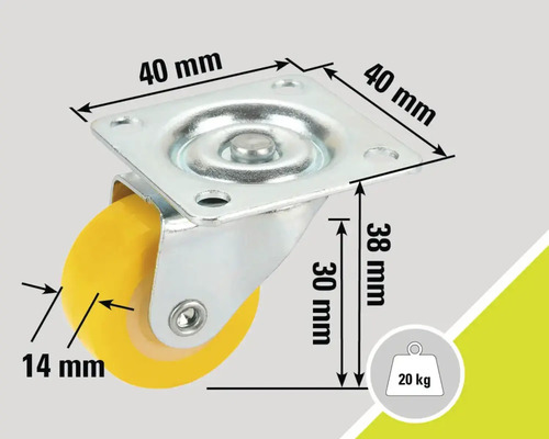 Lenkrolle mit den Maßen 40 x 40 Millimeter, 38 Millimeter Bauhöhe, 14 Millimeter Raddicke und 20 Kilogramm Traglast
