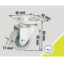 Möbelrolle mit 40 Kilogramm Traglast und den Maßen 42 x 42 x 64 Millimeter