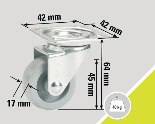 Möbelrolle mit 40 Kilogramm Traglast und den Maßen 42 x 42 x 64 Millimeter