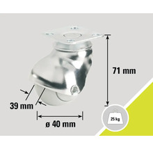 Möbelrolle mit einem Durchmesser von 40 mm, einer Traglast von 25 kg und einer Höhe von 71 mm.