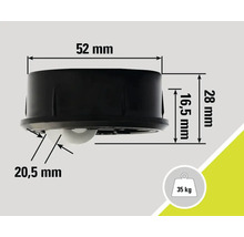 Technische Zeichnung Lenkrolle mit den Maßen 52 mm, 28 mm, 16,5 mm und 20,5 mm sowie einer Traglast von 35 kg