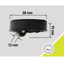 Abbildung mit Maßangaben für eine Transportrolle, Belastbarkeit 50 Kilogramm