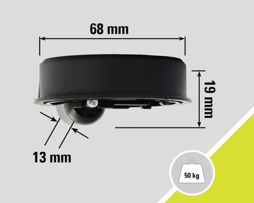 Abbildung mit Maßangaben für eine Transportrolle, Belastbarkeit 50 Kilogramm