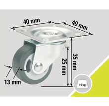 Lenkrolle mit den Maßen 40 x 40 mm, 35 mm hoch und einer Tragkraft von 15 kg
