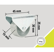 Lenkrolle mit einer Traglast von 45 Kilogramm und den Maßen 45 mm, 35 mm, 30 mm und 15 mm.
