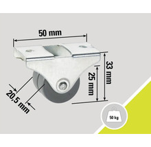 Möbelrolle mit einer Traglast von 50 Kilogramm und Maßangaben