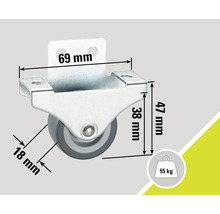 Möbelrolle mit Gehäuse und den Maßangaben 69 mm, 47 mm und 18 mm, Traglast 55 kg