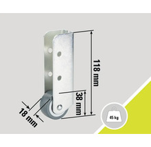 Möbelrolle mit den Maßen 118 mm Höhe, 38 mm Tiefe und 18 mm Raddurchmesser, Traglast 45 kg