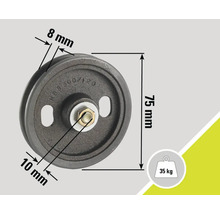 Drahtseilrolle mit den Maßen 75 Millimeter, 8 Millimeter und 10 Millimeter sowie einer Traglast von 35 Kilogramm.