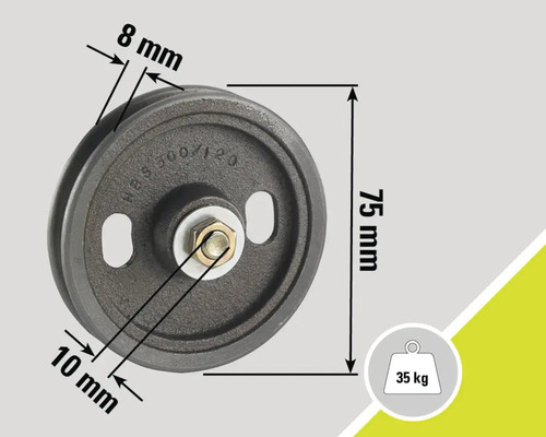 Drahtseilrolle mit den Maßen 75 Millimeter, 8 Millimeter und 10 Millimeter sowie einer Traglast von 35 Kilogramm.
