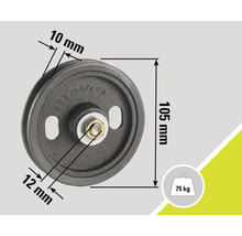 Drahtseilrolle mit den Maßen 105 mm x 10 mm x 12 mm und einer Traglast von 75 kg