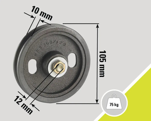 Drahtseilrolle mit den Maßen 105 mm x 10 mm x 12 mm und einer Traglast von 75 kg
