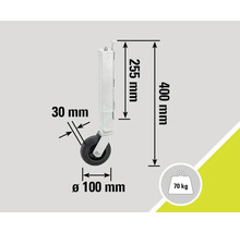 Technische Zeichnung eines Stützrads mit Maßangaben: 400 mm Gesamtlänge, 255 mm Höhe des Metallschafts, 30 mm Breite des Metallschafts, 100 mm Raddurchmesser und 70 kg maximale Belastung.