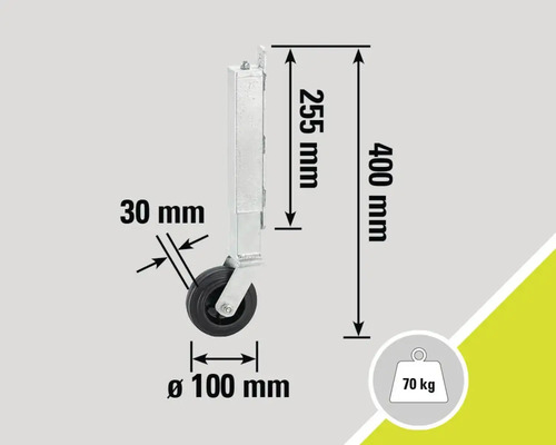 Technische Zeichnung eines Stützrads mit Maßangaben: 400 mm Gesamtlänge, 255 mm Höhe des Metallschafts, 30 mm Breite des Metallschafts, 100 mm Raddurchmesser und 70 kg maximale Belastung.