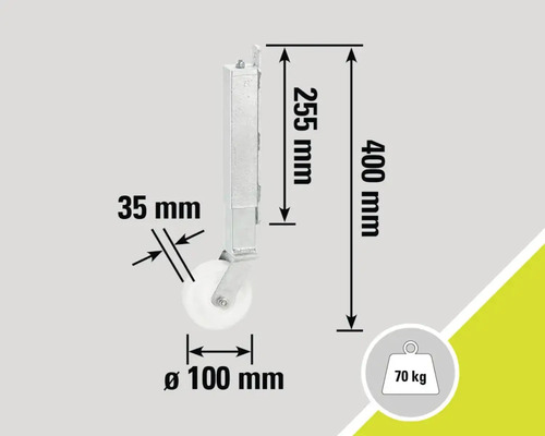 Technische Zeichnung eines Stützrads mit Maßangaben und einer maximalen Traglast von 70 Kilogramm