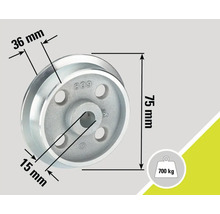 Rolle mit den Maßen 75 mm x 36 mm x 15 mm, maximale Belastung 700 kg